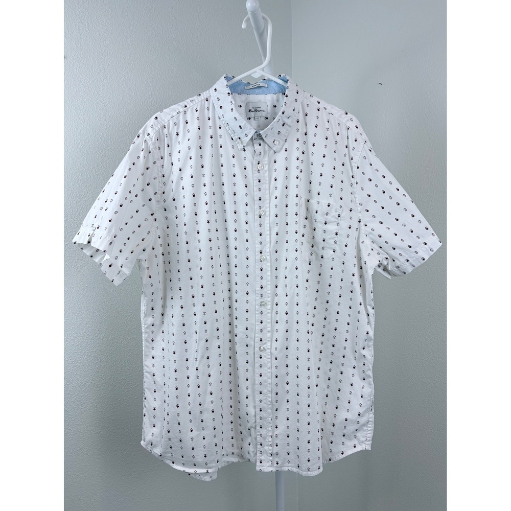 Ben Sherman Mens 2XL White‎ Geometric Diamond Short Sleeve Button Down Shirt